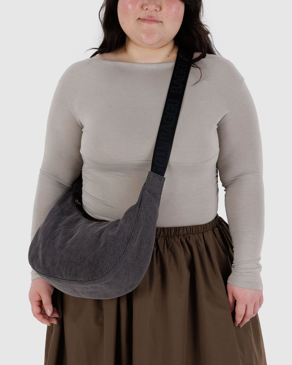 Medium Denim Crescent Bag - Washed Black Denim - Premium Street Style